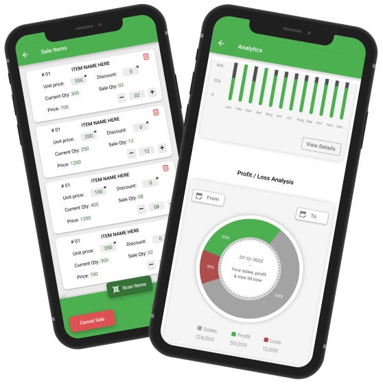 ManageKaro mobile app showing a sale items screen and a sales, profit and loss analytics dashboard