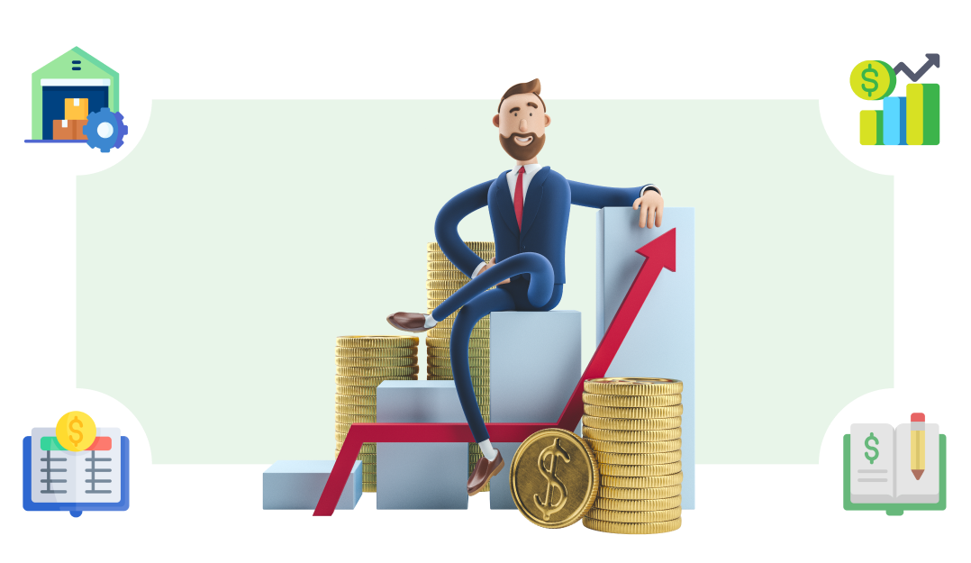 Business growth through digital technology adoption, framed by inventory, financial growth and bookkeeping icons